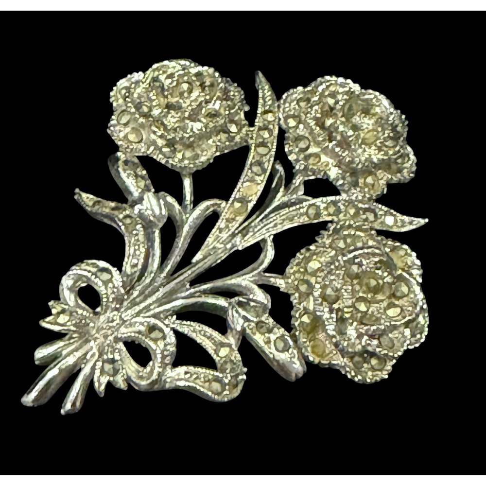 Vintage EXQUISITE Signed Marcasite Flower Bouquet Brooch Pin Silver Tone Floral